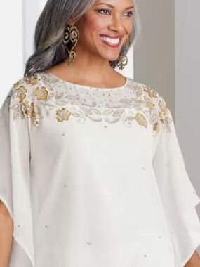 White Shear Blouse, gold sequins. Short front Long back. New without Tag - Small